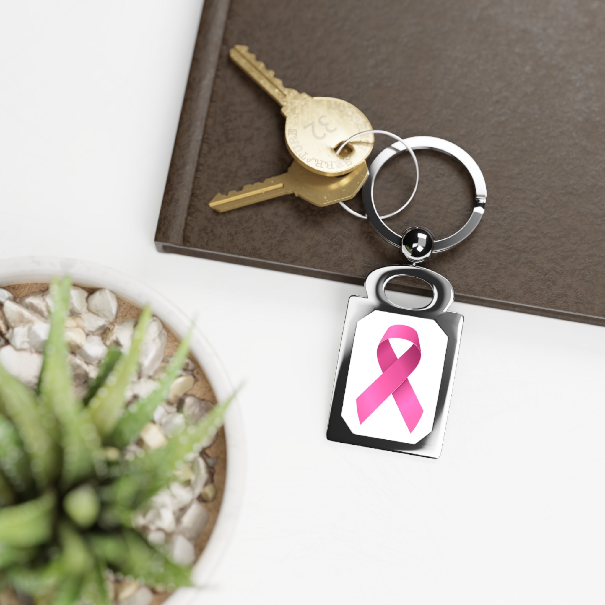 Pink Ribbon Rectangle Photo Keyring