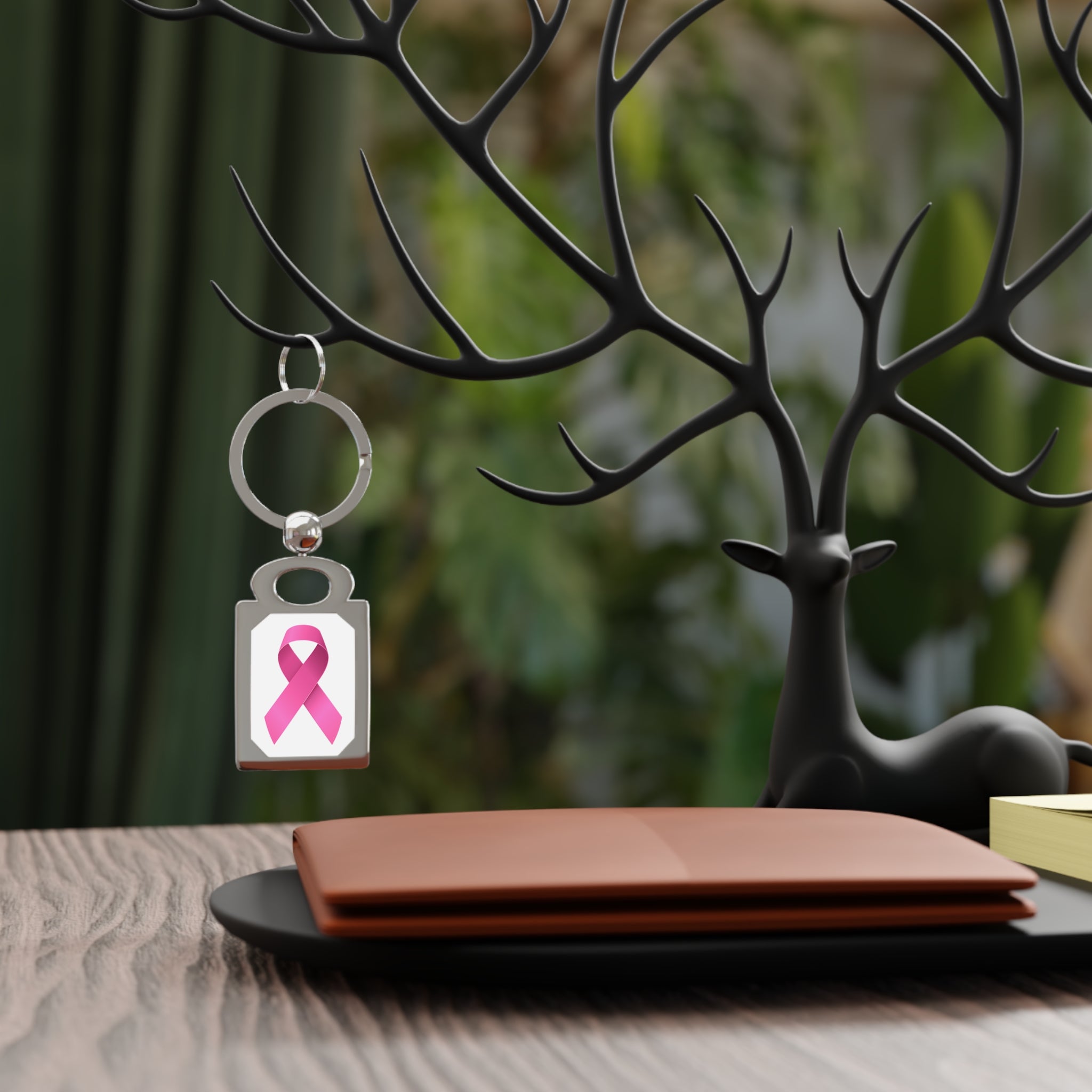 Pink Ribbon Rectangle Photo Keyring
